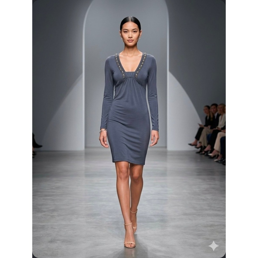 Max Mara Grey Embellished Empire Waist babydoll Y2K Long Sleeve Dress S designer